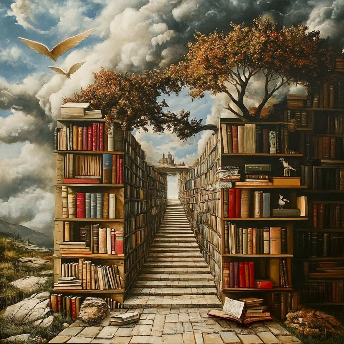 Nell'immagine appaiono una lunga scalinata e un gran numero di libri, ordinatamente disposti all'interno di alcuni scaffali. Il riferimento è alle nuove narrazioni di marketing prodotte dall'emergenza sanitaria. 
