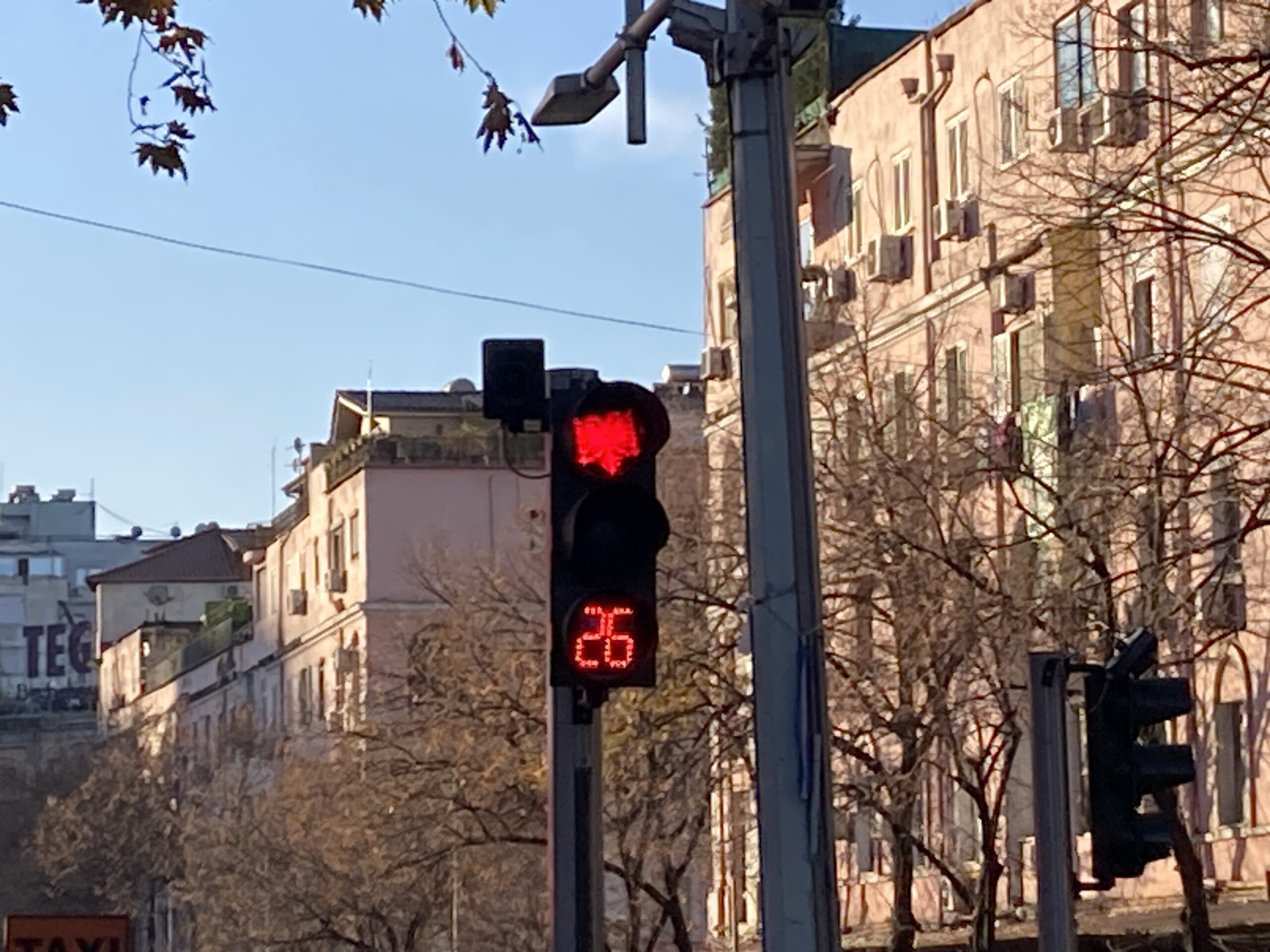 Il simbolo nazionale dell'Albania (un'aquila) appare su un semaforo situato in una zona centrale di Tirana